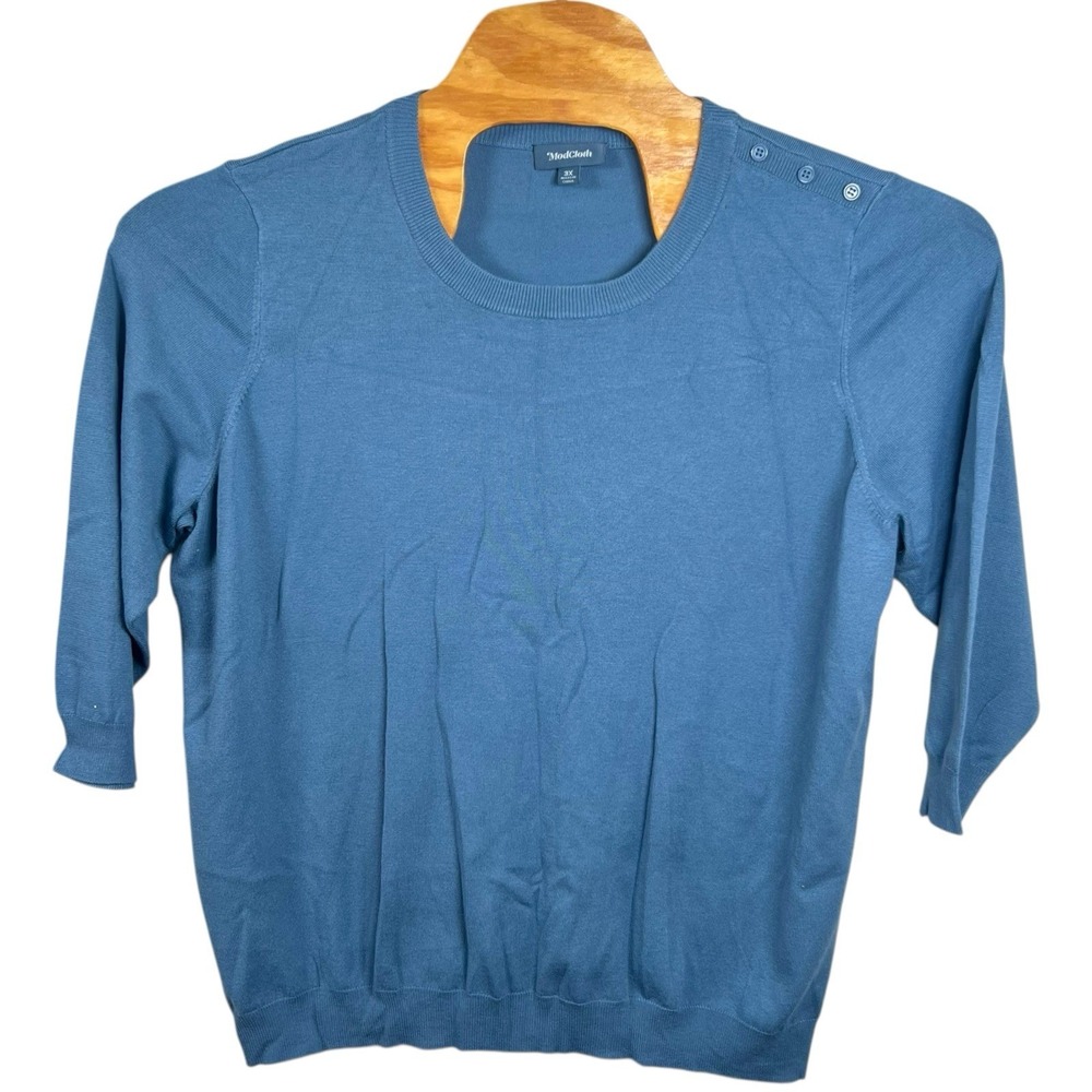 Modcloth Womens 3X Blue Round Neck Half‎ Sleeve Knit Sweater Button Detail